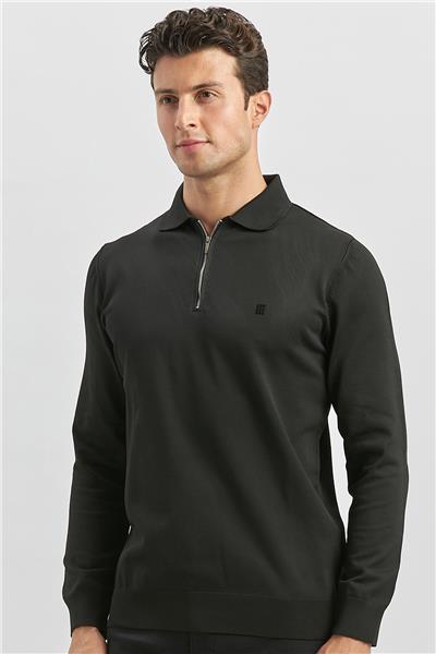 Siyah Uzun Kollu Örme Polo Yaka Slim Fit Dar Kesim Triko 1012245150