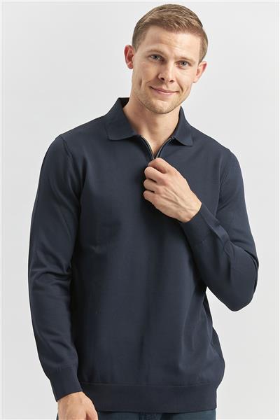 Koyu Lacivert Uzun Kollu Örme Polo Yaka Slim Fit Dar Kesim Triko 1012245150