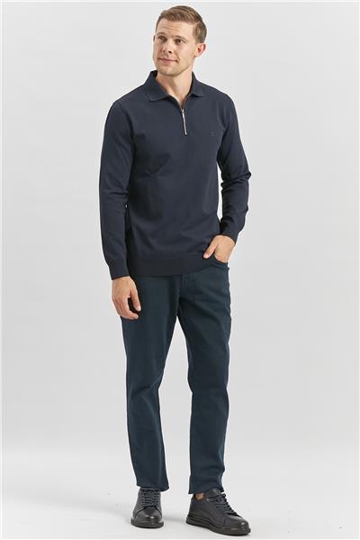 Koyu Lacivert Uzun Kollu Örme Polo Yaka Slim Fit Dar Kesim Triko 1012245150