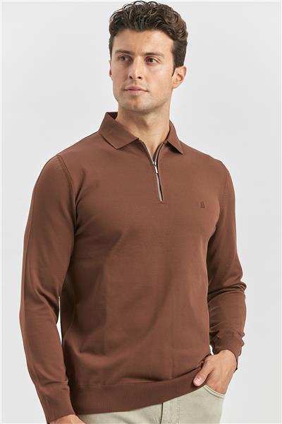 Taba Uzun Kollu Örme Polo Yaka Slim Fit Dar Kesim Triko 1012245150