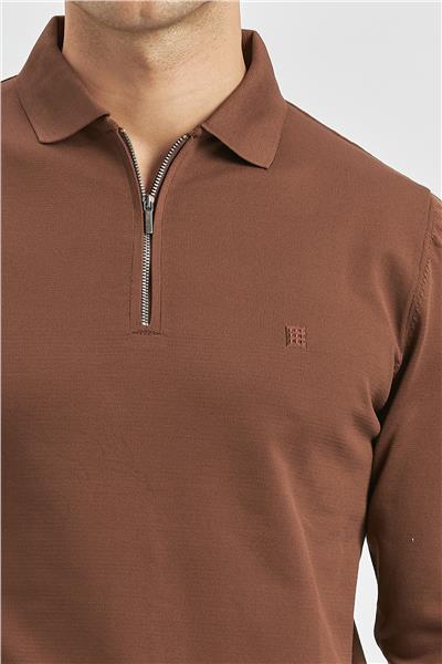 Taba Uzun Kollu Örme Polo Yaka Slim Fit Dar Kesim Triko 1012245150