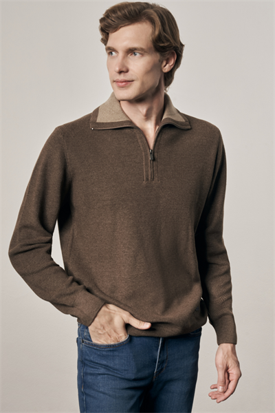 Vizon Fermuarlı Yarım Balıkçı Uzun Kol Cepsiz Comfort Fit Casual Pamuklu Triko Kazak 1012255204