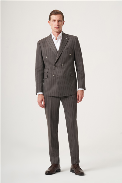 Vizon-Kahverengi Kırlangıç Yaka Çizgili Kruvaze 6 Drop Slim Fit Tam Astar Esnek Takım Elbise 1001260286