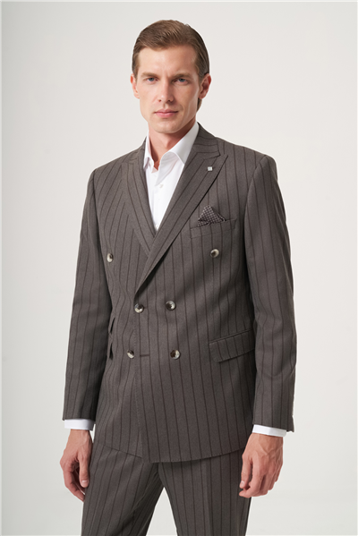 Vizon-Kahverengi Kırlangıç Yaka Çizgili Kruvaze 6 Drop Slim Fit Tam Astar Esnek Takım Elbise 1001260286