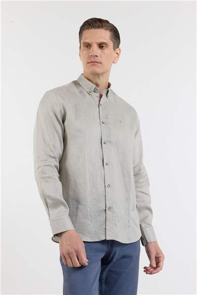 Vizon Keten Düğmeli Yaka Uzun Kol Cepsiz Slim Fit %100 Keten Gömlek 1004260161