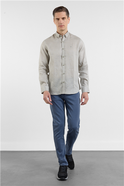 Vizon Keten Düğmeli Yaka Uzun Kol Cepsiz Slim Fit %100 Keten Gömlek 1004260161