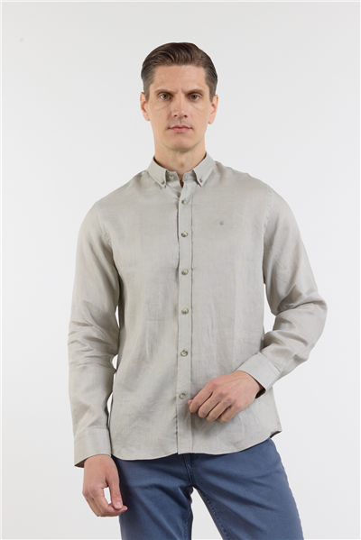 Vizon Keten Düğmeli Yaka Uzun Kol Cepsiz Slim Fit %100 Keten Gömlek 1004260161