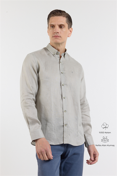 Vizon Keten Düğmeli Yaka Uzun Kol Cepsiz Slim Fit %100 Keten Gömlek 1004260161