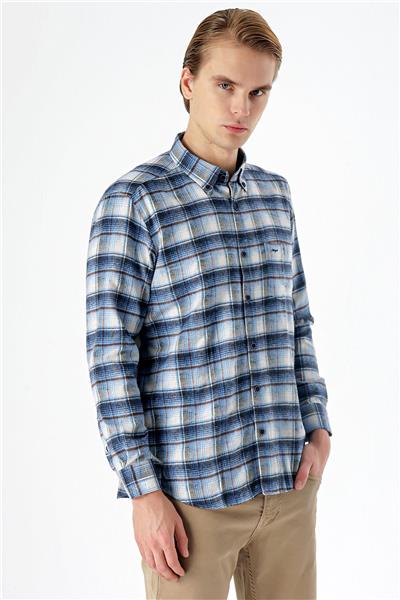 Vizon Uzun Kollu Ekoseli Bez Ayağı Düğmeli Yaka Cepli Pamuklu Comfort Fit Gömlek 1004235173