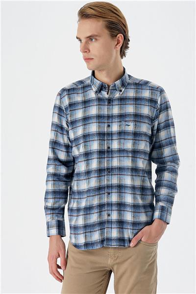 Vizon Uzun Kollu Ekoseli Bez Ayağı Düğmeli Yaka Cepli Pamuklu Comfort Fit Gömlek 1004235173