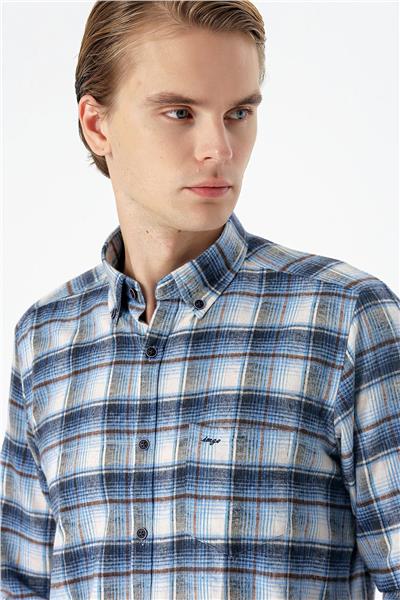 Vizon Uzun Kollu Ekoseli Bez Ayağı Düğmeli Yaka Cepli Pamuklu Comfort Fit Gömlek 1004235173