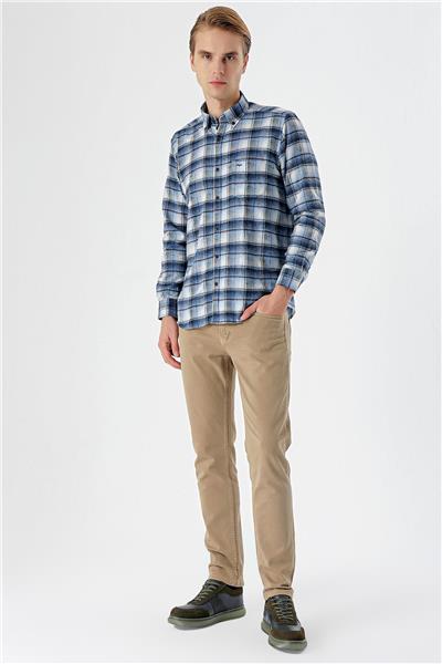 Vizon Uzun Kollu Ekoseli Bez Ayağı Düğmeli Yaka Cepli Pamuklu Comfort Fit Gömlek 1004235173