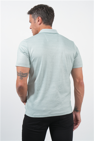 Yeşil-Beyaz Kendinden Desenli Polo Yaka Kısa Kol Cepli Comfort Fit Pamuklu Tişört 1011260152