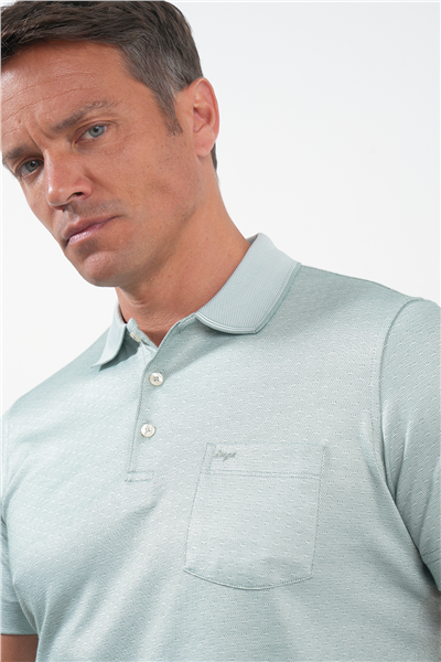 Yeşil-Beyaz Kendinden Desenli Polo Yaka Kısa Kol Cepli Comfort Fit Pamuklu Tişört 1011260152