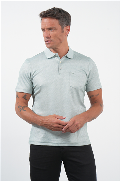 Yeşil-Beyaz Kendinden Desenli Polo Yaka Kısa Kol Cepli Comfort Fit Pamuklu Tişört 1011260152
