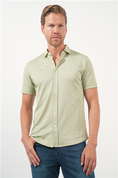 Yeşil İtalyan Yaka Kısa Kol Cepsiz Slim Fit Pamuklu Gömlek 1004260158
