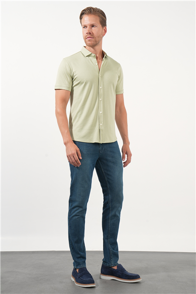Yeşil İtalyan Yaka Kısa Kol Cepsiz Slim Fit Pamuklu Gömlek 1004260158