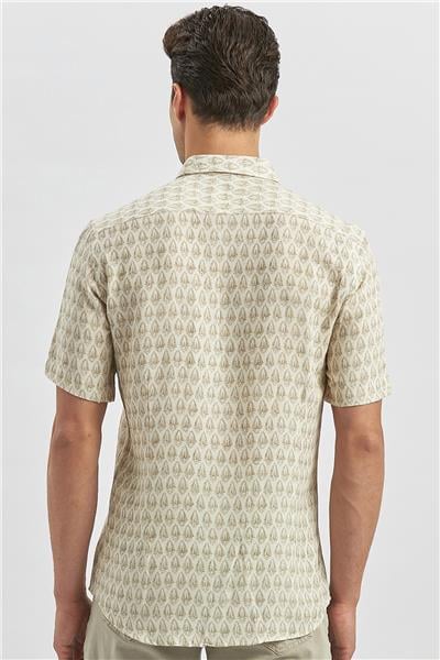 Yeşil Kısa Kollu Baskılı Düğmeli Yaka Keten Casual Slim Fit Dar Kesim Gömlek 1004240241