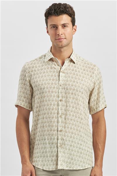 Yeşil Kısa Kollu Baskılı Düğmeli Yaka Keten Casual Slim Fit Dar Kesim Gömlek 1004240241