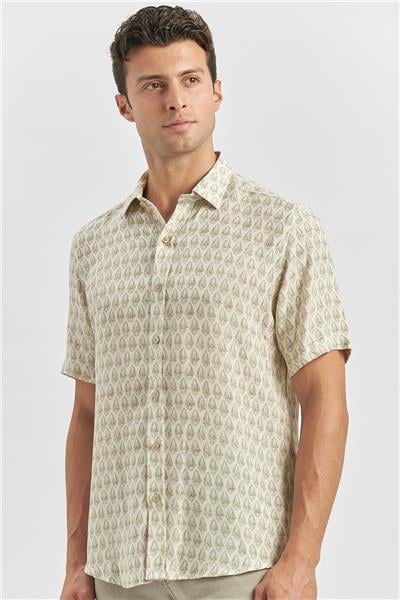Yeşil Kısa Kollu Baskılı Düğmeli Yaka Keten Casual Slim Fit Dar Kesim Gömlek 1004240241