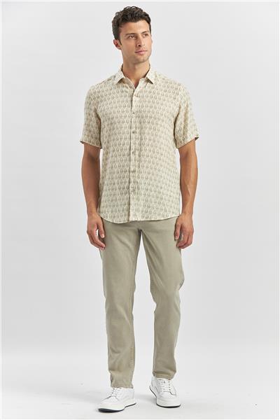 Yeşil Kısa Kollu Baskılı Düğmeli Yaka Keten Casual Slim Fit Dar Kesim Gömlek 1004240241