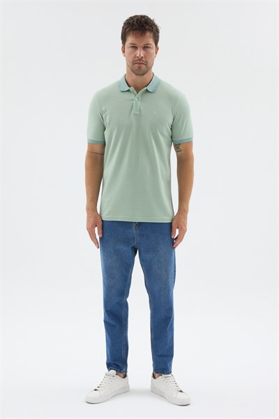 Yeşil Polo Yaka Pike Kısa Kol Slim Fit %100 Pamuk Tişört 1011260171