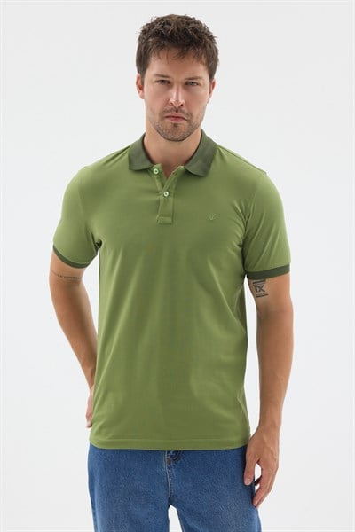 Yeşil Polo Yaka Pike Kısa Kol Slim Fit %100 Pamuk Tişört 1011260171