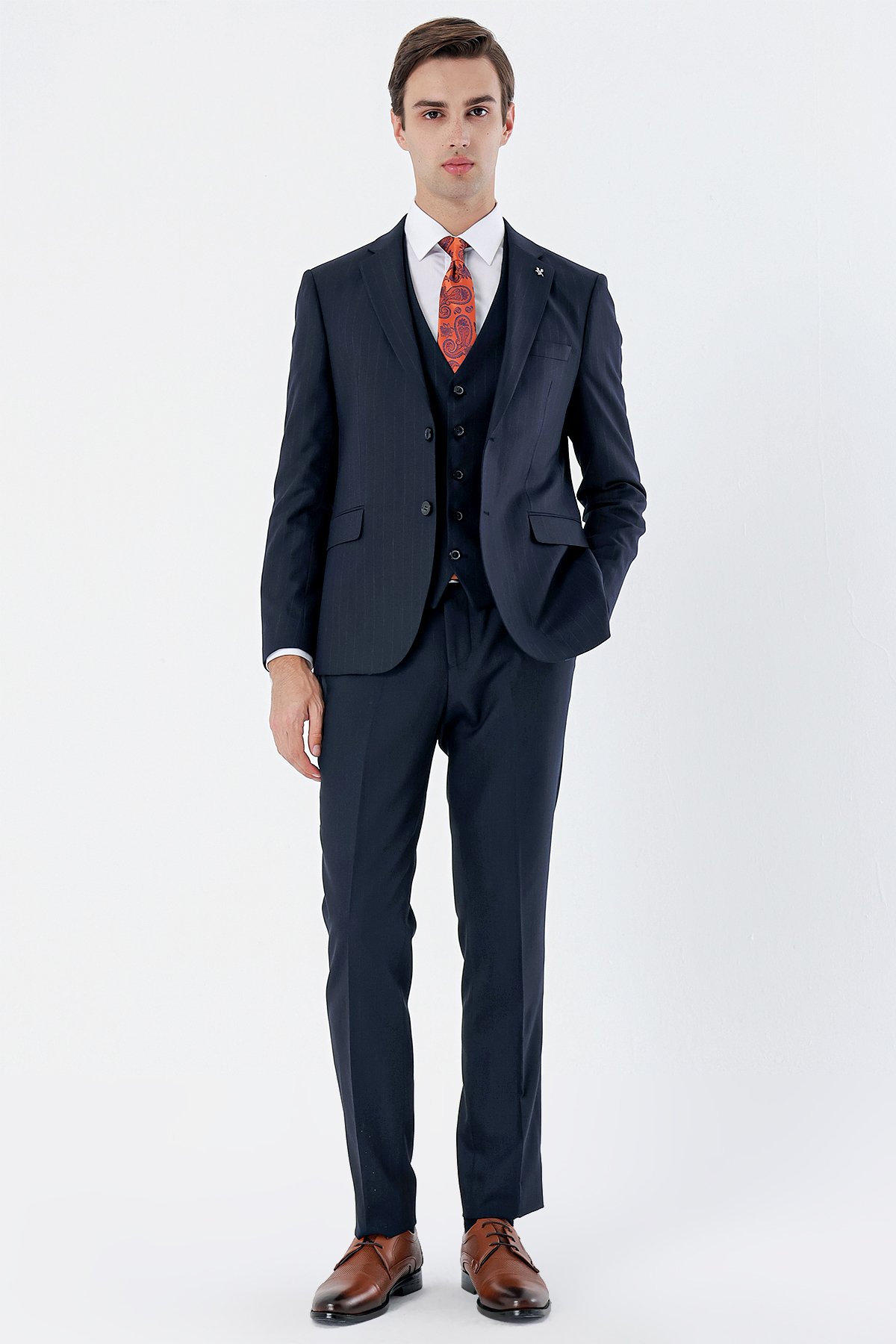 Koyu Lacivert Çizgili Mono Yaka Yelekli 6 Drop Slim Fit Dar