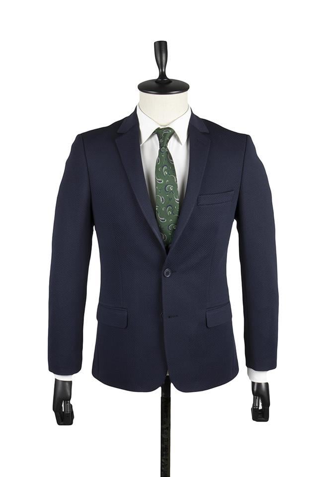 Koyu Lacivert Desenli Örme Mono Yaka Yarım Astar 6 Drop Slim Fit