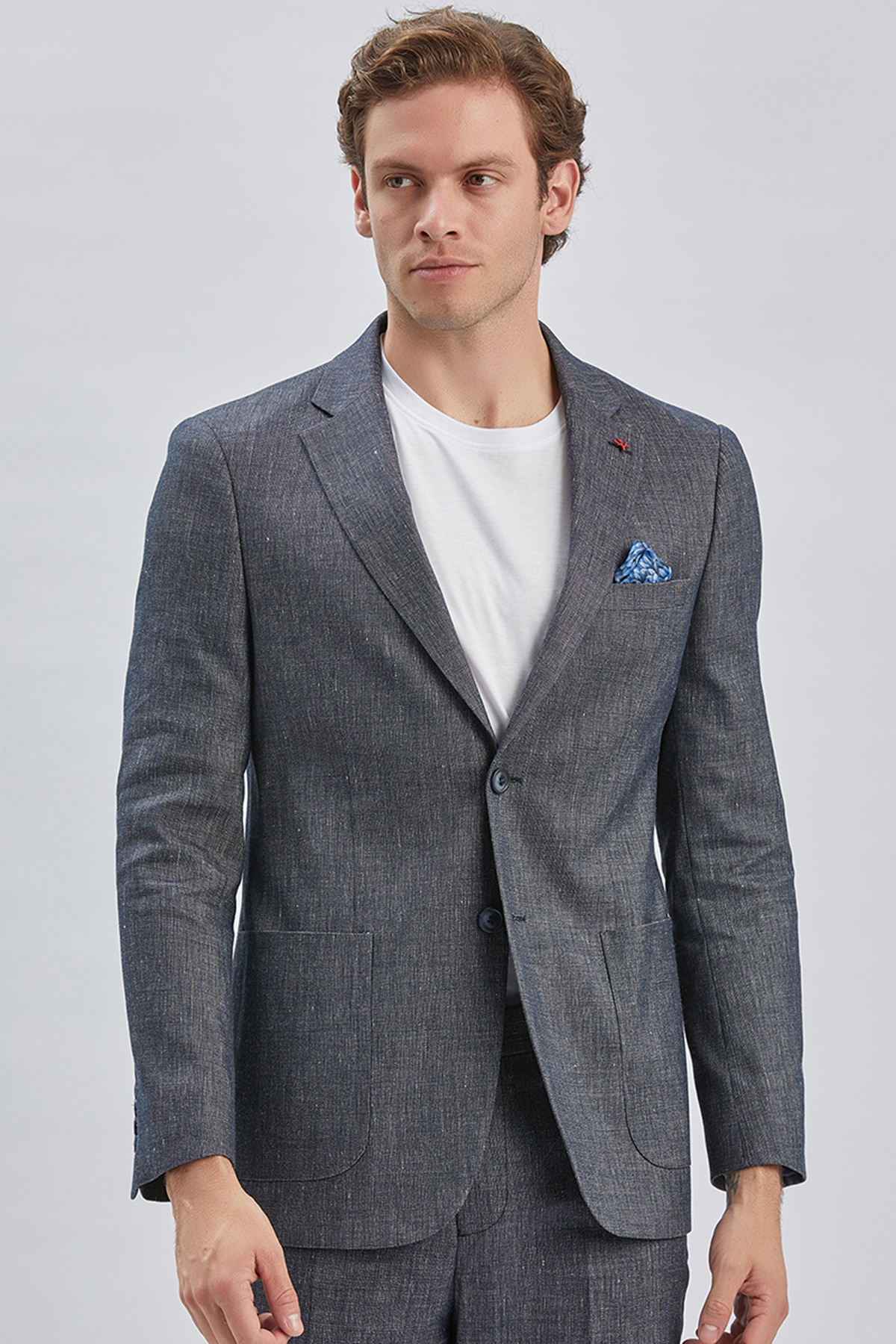 Lacivert Mono Yaka 6 Drop Slim Fit Kelebek Astar Keten Karışımlı