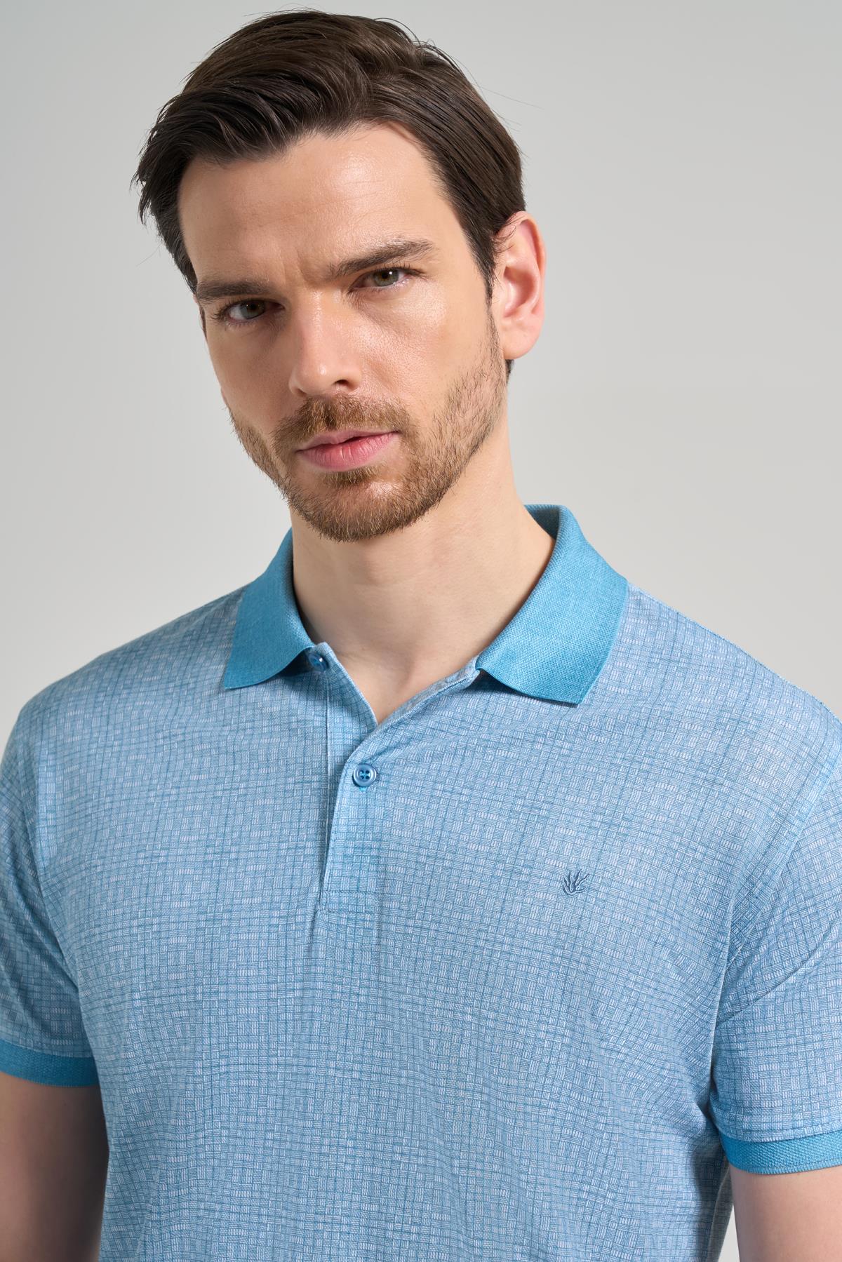 Turkuaz Kısa Kol Baskılı Pike Polo Yaka Cepsiz esnek Casual Slim