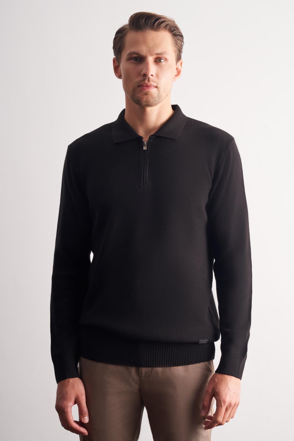 Siyah Fermuarlı Polo Yaka Uzun Kol Cepsiz Comfort Fit Casual