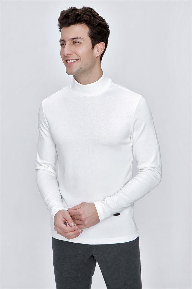 Beyaz Suprem Yar m Bal kc Yaka Casual Comfort Fit Rahat Kesim Likral Sweatshirt 1013225103