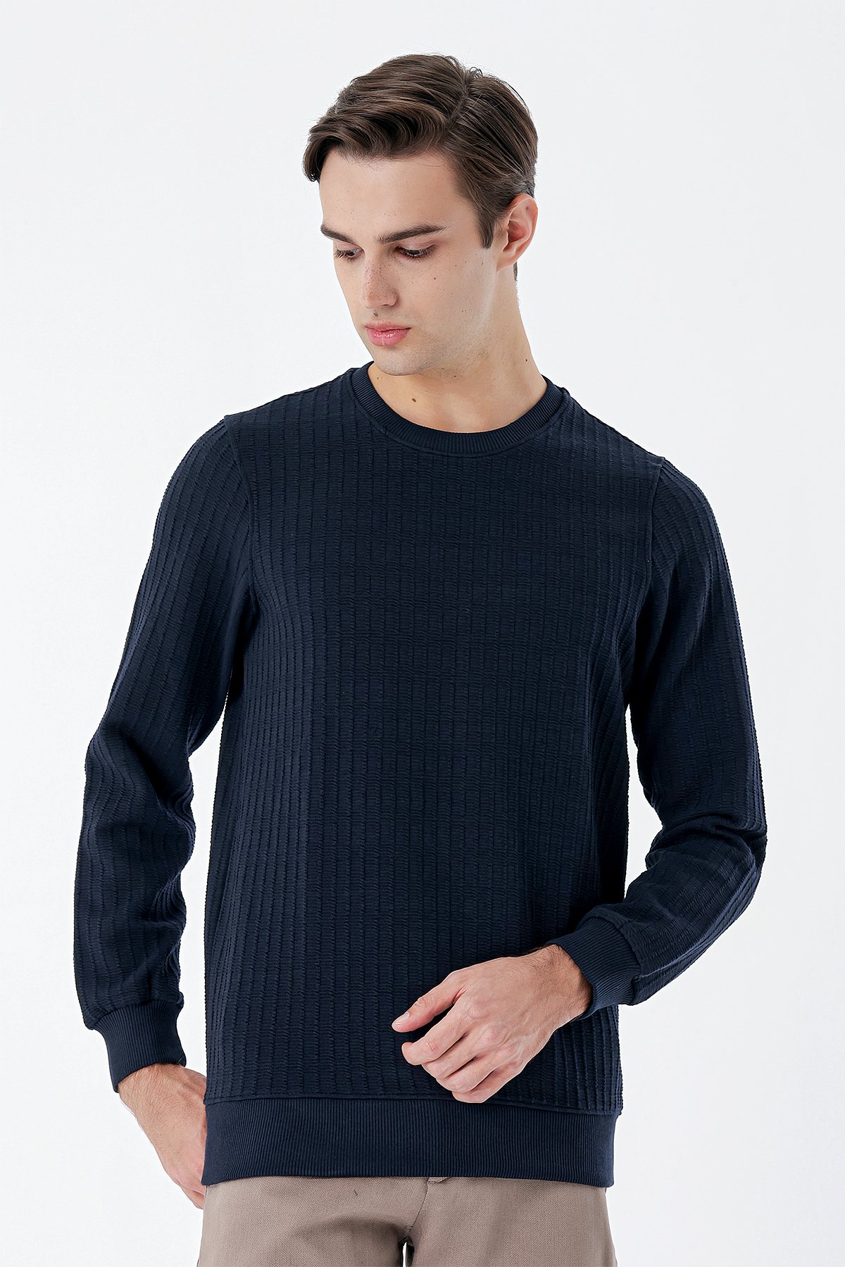 Koyu Lacivert Uzun Kollu Orme Bisiklet Yaka Likral Casual Comfort Fit Sweatshirt 1013235104