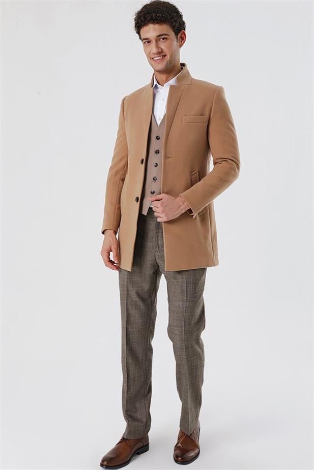 Camel Düz Desen Slim Fit Hakim Yaka Kaban 25171595-48