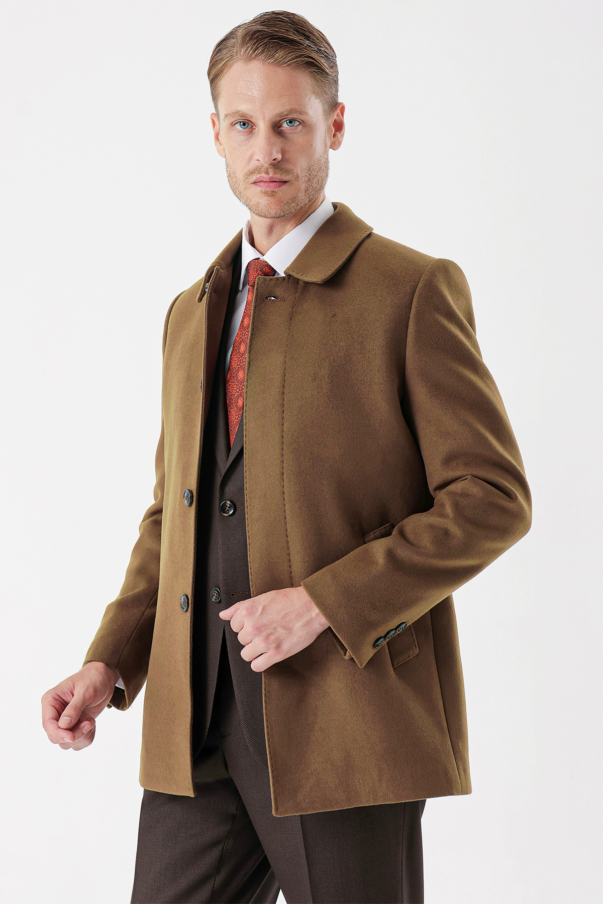 Taba Kaşe Berberi Yaka Kapitoneli Astar Comfort Fit Rahat Kesim