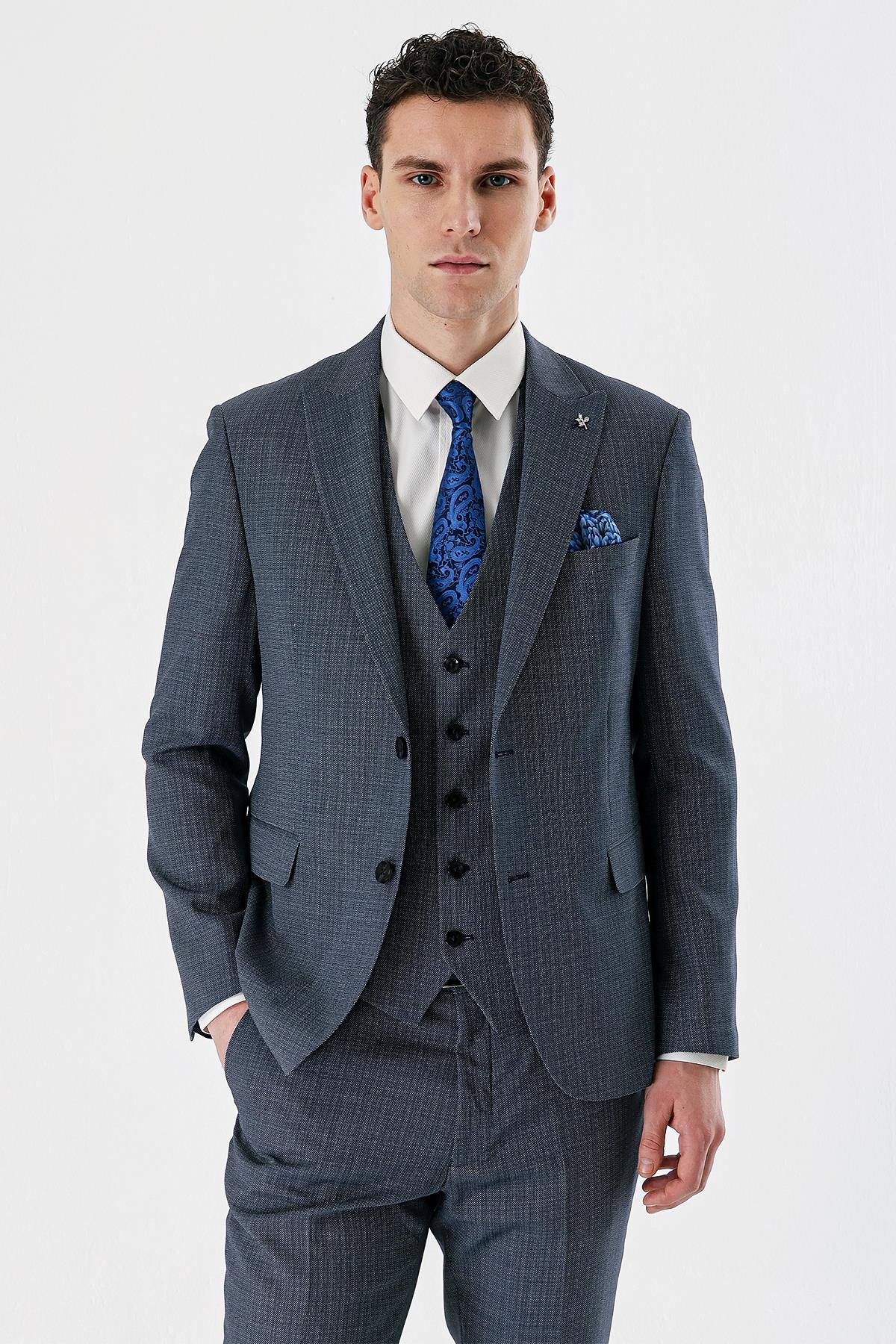 Koyu Lacivert Kırlangıç Yaka Yelekli 6 Drop Slim Fit Klasik