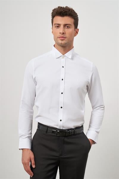 Beyaz Uzun Kol Kendinden Desenli Armürlü Ata Yaka Cepsiz Pamuklu Ceremony Slim Fit Gömlek 1004240331