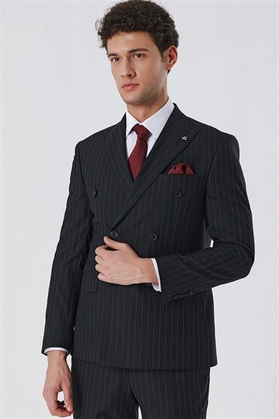 Çizgili Kırlangıç Yaka Astarlı Kruvaze 6 Drop Slim Fit Dar Kesim Klasik Takım 1001230165-48