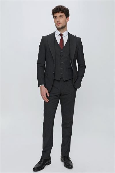 Çizgili Kırlangıç Yaka Astarlı Yelekli 6 Drop Slim Fit Dar Kesim Klasik Takım 1001230160-48