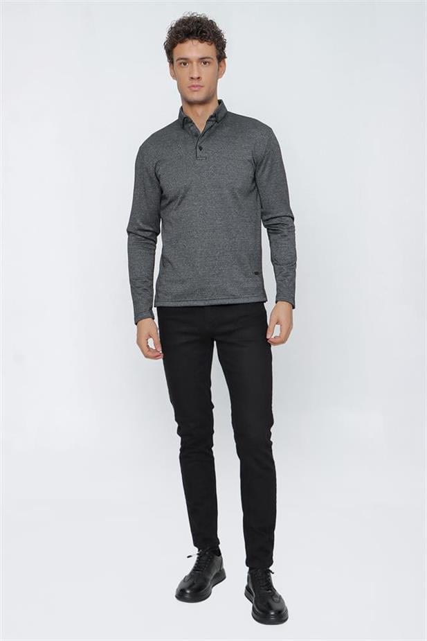 Uzun Kollu Jakarlı İtalyan Yaka Casual Slim Fit Dar Kesim Pamuklu Sweatshirt 1013225203-S