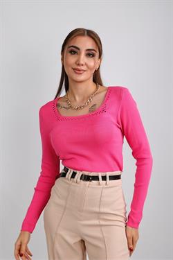 T1001 Kare Yaka Dantel Detaylı Triko Bluz - Fuşya