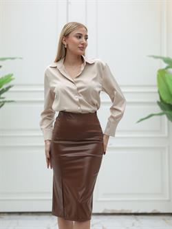 Z1486 Yırtmaçlı Kalem Etek - Taba