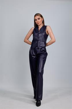 Z1488 Cırtlı Deri Palazzo Pantolon - Lacivert