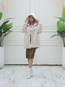 Z1572 Uzun Düğmeli Peluş Mont - Ekru