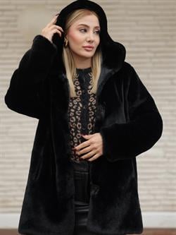 Z1572 Uzun Düğmeli Peluş Mont - Siyah