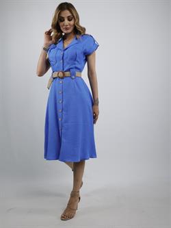 Z1718 Yakalı Düşük Omuz Elbise - Mavi