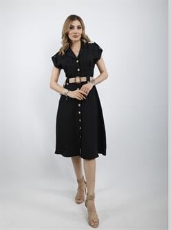 Z1718 Yakalı Düşük Omuz Elbise - Siyah