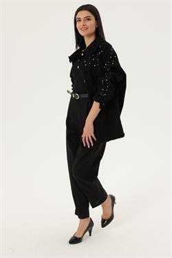 Z2032 50985 Kemerli Keten Pantolon - Siyah