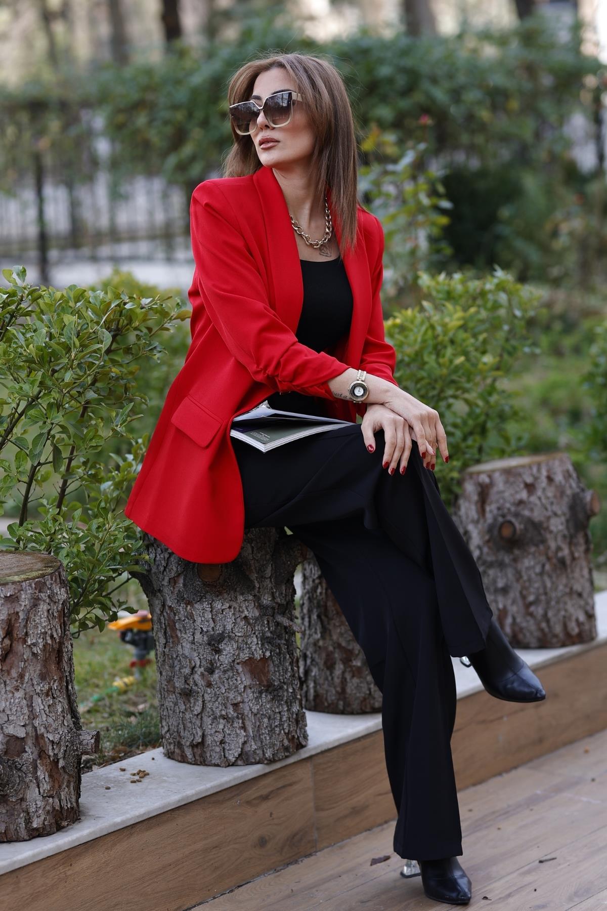 Z1228 Kolu Büzgülü Ceket - Kırmızı